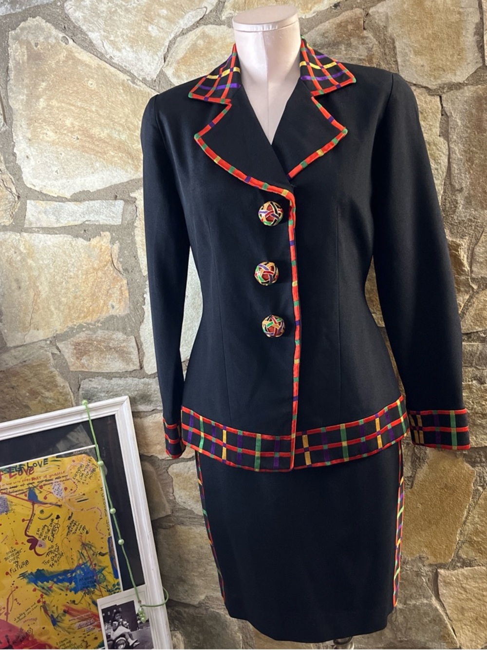 Kathryn Dianos Black Blazer & Skirt Set with Multicolor Plaid Trim